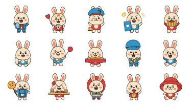 Tavşan çizgi film ikonu koleksiyon vektör tasarımı