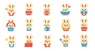 Beyaz arka planda izole edilmiş çizgi film dizaynı tarzında sevimli bir kawaii tavşan karakteri. vektör illüstrasyonu.