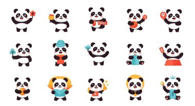 Tatlı panda çizgi film karakteri seti. vektör illüstrasyonu.