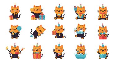 Farklı pozlarda bir sürü çizgi film kedisi. Beyaz arkaplanda izole edilmiş vektör illüstrasyonu.