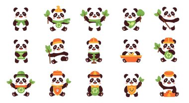Farklı ifadeleri olan sevimli çizgi film pandası.
