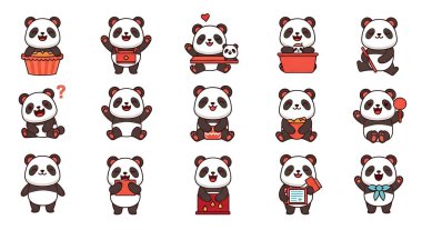 Küçük şirin panda çizgi film seti. şirin panda koleksiyonu, vektör illüstrasyonu