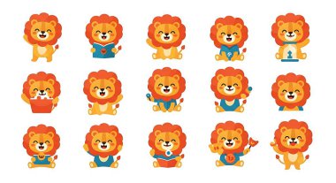Aslan simgesi seti. Aslan vektör simgesi. Aslan aslan. düz dizayn. çizgi film aslan ikonu seti. Aslan karakteri. Aslan. aslan