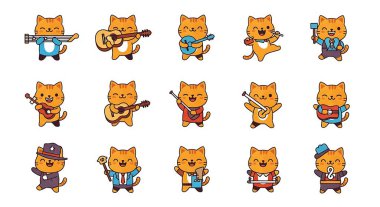 Bir kedi ve gitarlı bir kedinin vektör çizimi