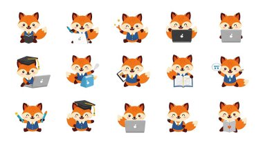 Çeşitli pozlarda şirin küçük tilki seti, vektör illüstrasyonu