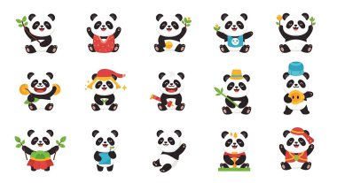 Farklı pozları olan sevimli çizgi film karakteri panda. vektör
