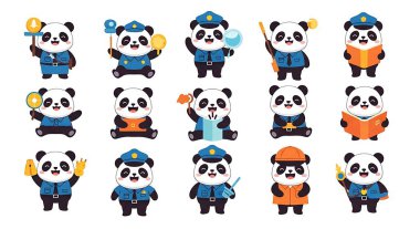 Farklı pozlar veren sevimli pandanın çizgi film karakteri. vektör illüstrasyonu
