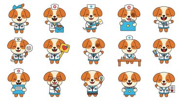 Bir dizi şirin köpek çizgi film karakteri çizimi izole vektörü