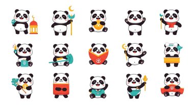 Bir dizi şirin panda çizgi film karakteri vektörü