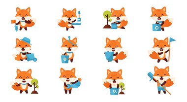 Beyaz arka planda izole edilmiş, çeşitli pozları olan bir dizi şirin tilki çizgi film karakteri. Çeşitli pozlarda şirin tilki ve tilkinin vektör çizimi.
