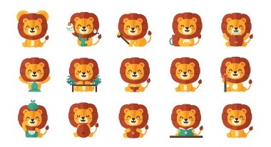 Çizgi film karakteri şirin aslan kümesi vektörü. Tatlı aslan. Vektör çizimi. Aslan, aslan, aslan, aslan, aslan ikonu