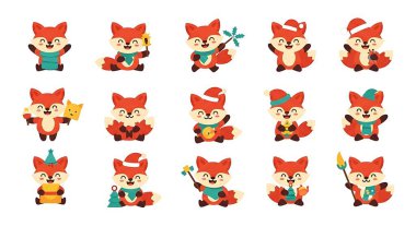 Farklı pozları olan bir dizi şirin tilki. vektör illüstrasyonu