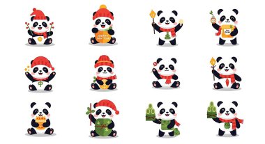 Çin 'in yeni yılı 2019, sevimli çizgi film karakterleri. Şirin Çinli karakterler, Çince yeni yıl 2019, vektör illüstrasyonu. Çince