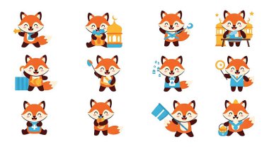 Çizgi film tarzında şirin tilki seti. vektör illüstrasyonu