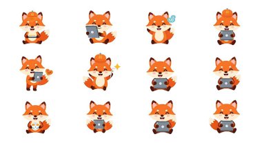 Farklı pozlarda küçük şirin tilki seti..