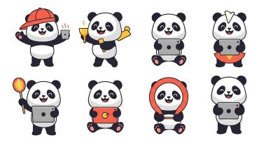 Sevimli panda çizgi film karakteri set vektörü