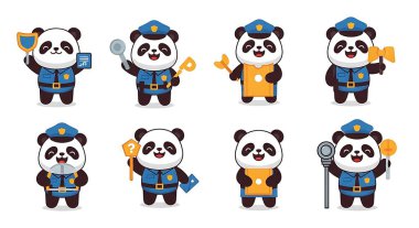 Yüzünde farklı ifadeler olan bir panda seti. izole çizgi film vektör illüstrasyonu