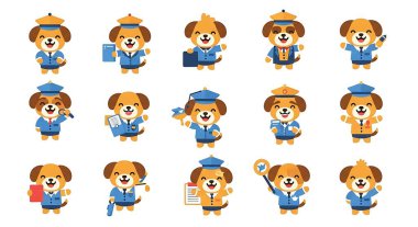 Farklı pozlarda sevimli köpek maskotu karakterleri. düz dizayn. vektör illüstrasyonu