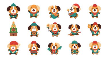 Noel Baba 'lı mutlu 222 noel karakterleri seti. Sevimli çizgi film karakterleri. vektör illüstrasyonu.