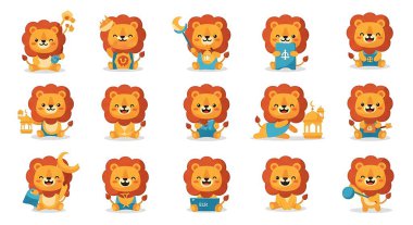 Aslan, aslan ve aslan ikonu. Aslan vektör illüstrasyonunun çizgi film seti