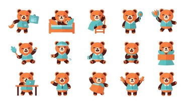 Farklı pozlarda ayı şeklinde şirin çizgi film setleri. Ayı karakterinin vektör illüstrasyonu.