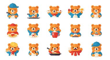 Farklı pozlarda şirin ayılar. Vektör çizimi. Çizgi film düz stiliyle izole edilmiş illüstrasyon.