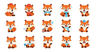 Fox çizgi film karakteri. Şirin tilki çizgi film seti. vektör illüstrasyonu.