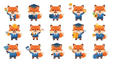 Çeşitli pozlarda şirin tilki çizgi filminin vektör çizimi