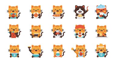 Şirin kediler koleksiyon vektör illüstrasyonunu düz şekilde ayarlar