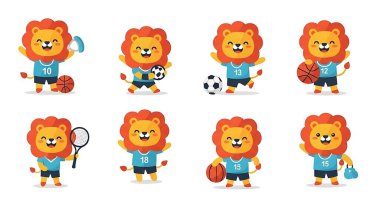 Çizgi film aslanı ve basketbolcunun vektör kümesi düz stil.