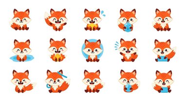 Beyaz arka planda izole edilmiş şirin kırmızı sincap çizgi filmi seti. vektör illüstrasyonu.