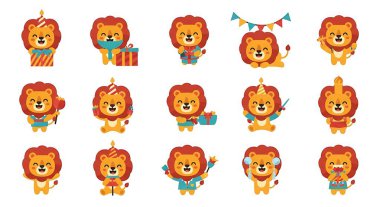 Aslan çizgi film karakter koleksiyonu setinin vektör illüstrasyonu