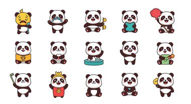 Bir dizi şirin panda çizgi film vektör çizimi