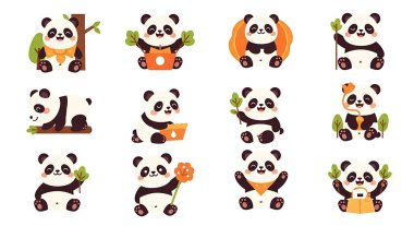 Şirin panda çizgi film seti, vektör illüstrasyonu