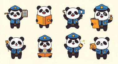 Çizgi film panda maskotu seti. vektör illüstrasyonu