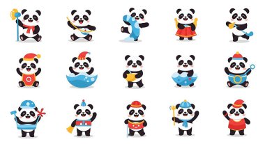 Etiketler, çıkartmalar, etiketler ve rozetler için çeşitli pozlar veren vektör çizgi film sevimli panda seti