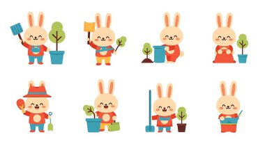 Farklı pozlarda şirin çizgi film tavşanları. vektör illüstrasyonu