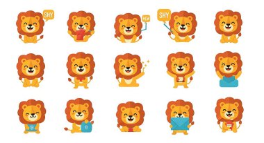 Aslan çizgi film ikonu, sevimli hayvan karakter çizimi izole edilmiş..