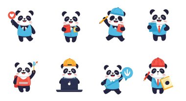 Çeşitli pozları olan sevimli çizgi film pandası. Panda, panda ve panda çizimleri.