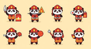 Farklı pozları olan çizgi film pandaları.