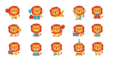 Farklı duyguları olan bir aslan seti. Çizgi film karakterlerinin vektör çizimi