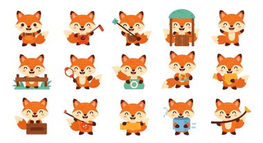 Küçük tilkinin farklı pozlardaki sevimli çizgi film karakteri. vektör seti beyaz arkaplanda izole edildi.