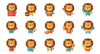 Aslan karakteri çizimi. karikatür aslan karakter ikonu seti. Aslan maskotu, aslan karakteri, aslan, aslan. Aslan, aslan, aslan.