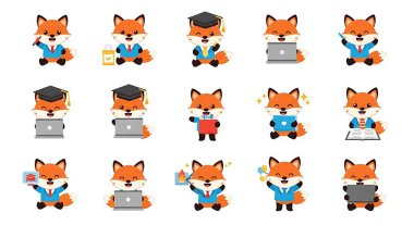 Laptop, bilgisayar, dizüstü bilgisayar, dizüstü bilgisayar, not defteri, tilki ile şirin tilki karakterinin vektör illüstrasyonunu ayarla.