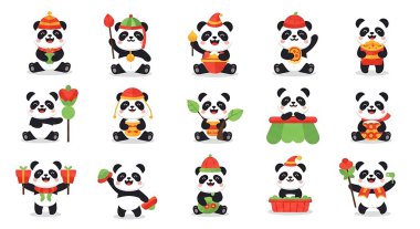 Farklı pozlarda şirin panda seti. Beyaz arkaplanda izole edilmiş vektör düz çizgi film biçimi çizimi.