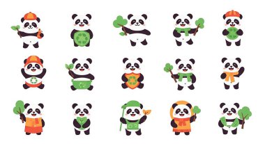 Farklı duyguları olan bir grup şirin panda. vektör düz çizgi film karakteri