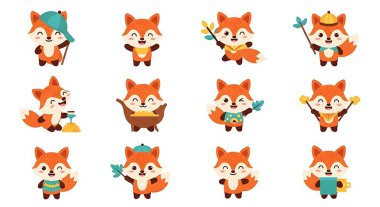 Tilki ve tilki seti. Sevimli çizgi film karakteri. Beyaz arkaplanda izole edilmiş vektör illüstrasyonu.