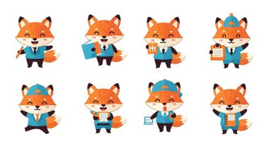 Çeşitli pozları olan şirin tilki çizgi film karakterinin vektör kümesi.