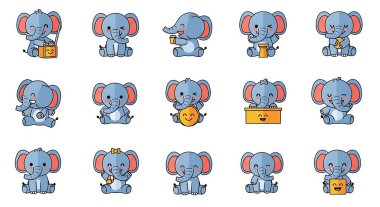 Şirin filler koleksiyon yapar. vektör illüstrasyonu.