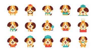 Köpek karakter seti. Vektör çizimi. Çizgi film köpeği, köpek, köpek, köpek, köpek. Şirin köpek, köpek yavrusu, evcil köpek.